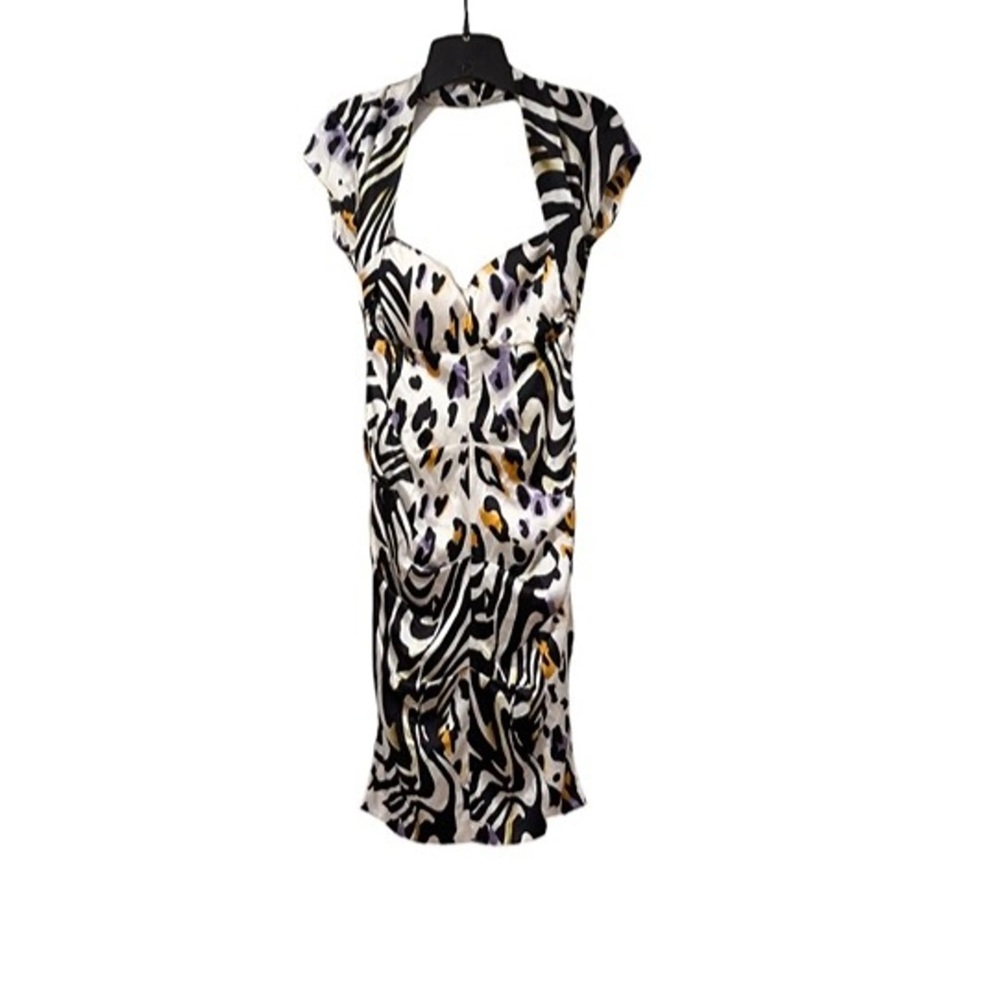 Cache Silk Animal Print MIDI DRESS CAP SLEEVES SLEEK BODYCON FIT PADDED BRA SZ 2 - Picture 3 of 16